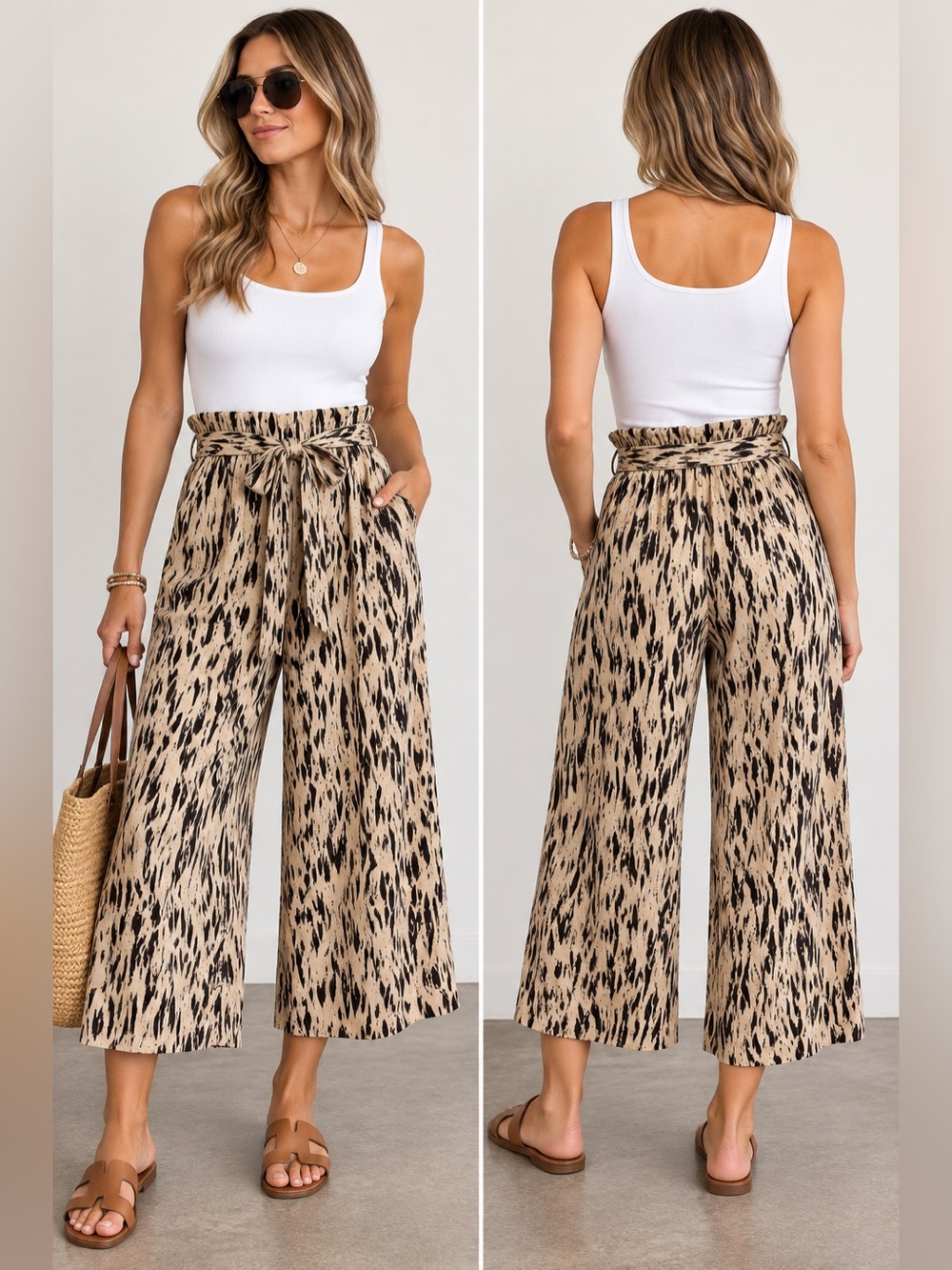 MANGO Abstract Print High Rise Wide Leg Cropped Pants XS mop